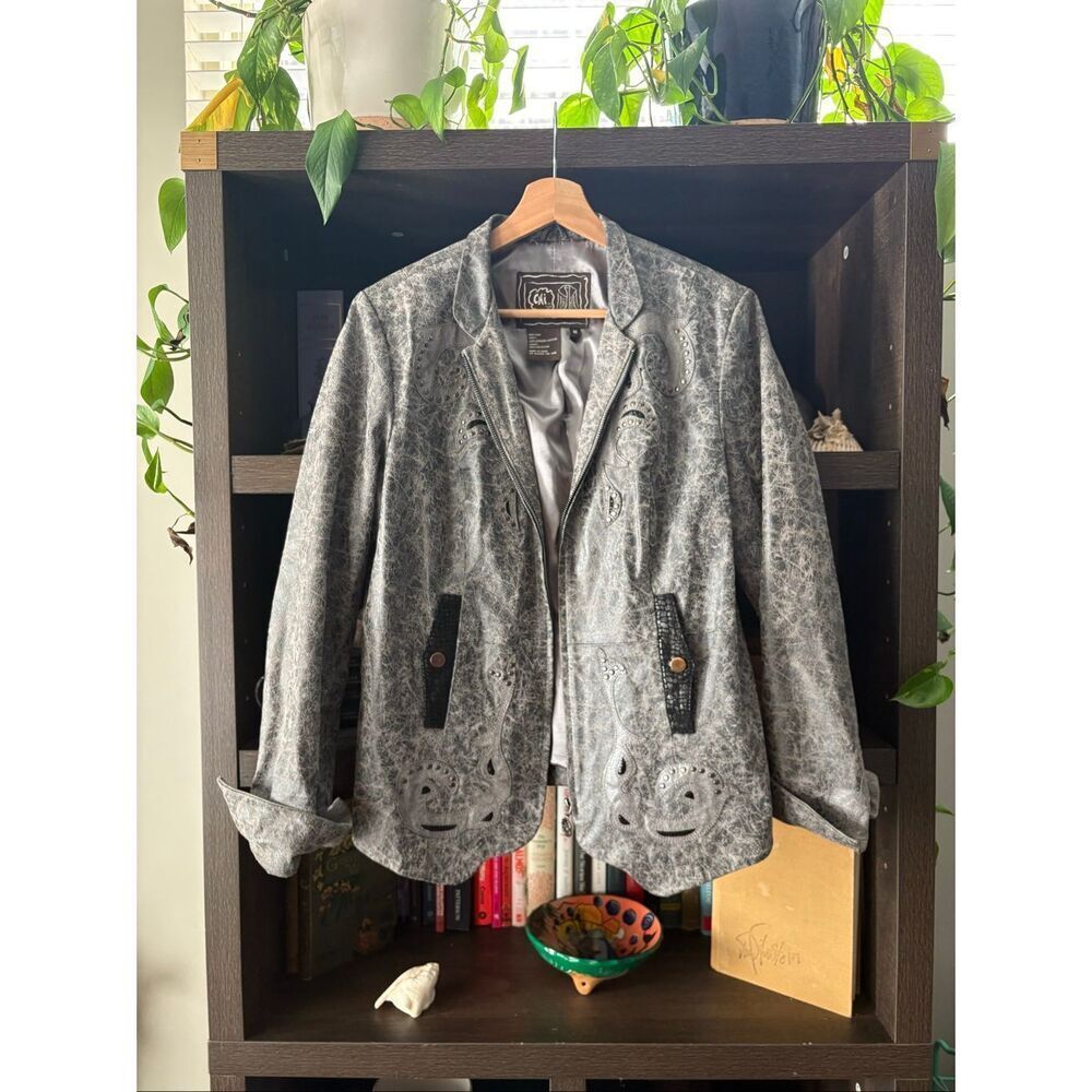 Chi By Falchi Gray & Black Leather Jacket Women’s Size Medium